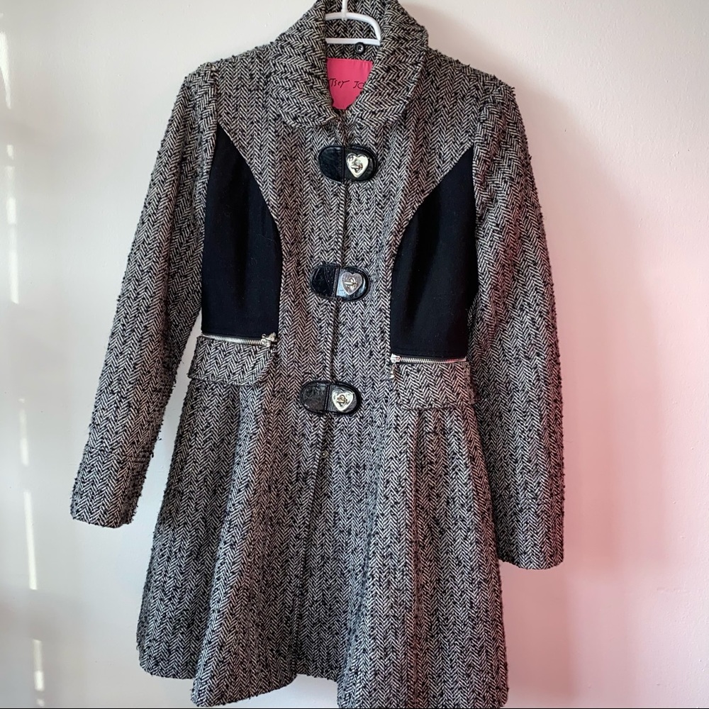 Betsy Johnson Herringbone Wool Peplum Dress Coat Size 6